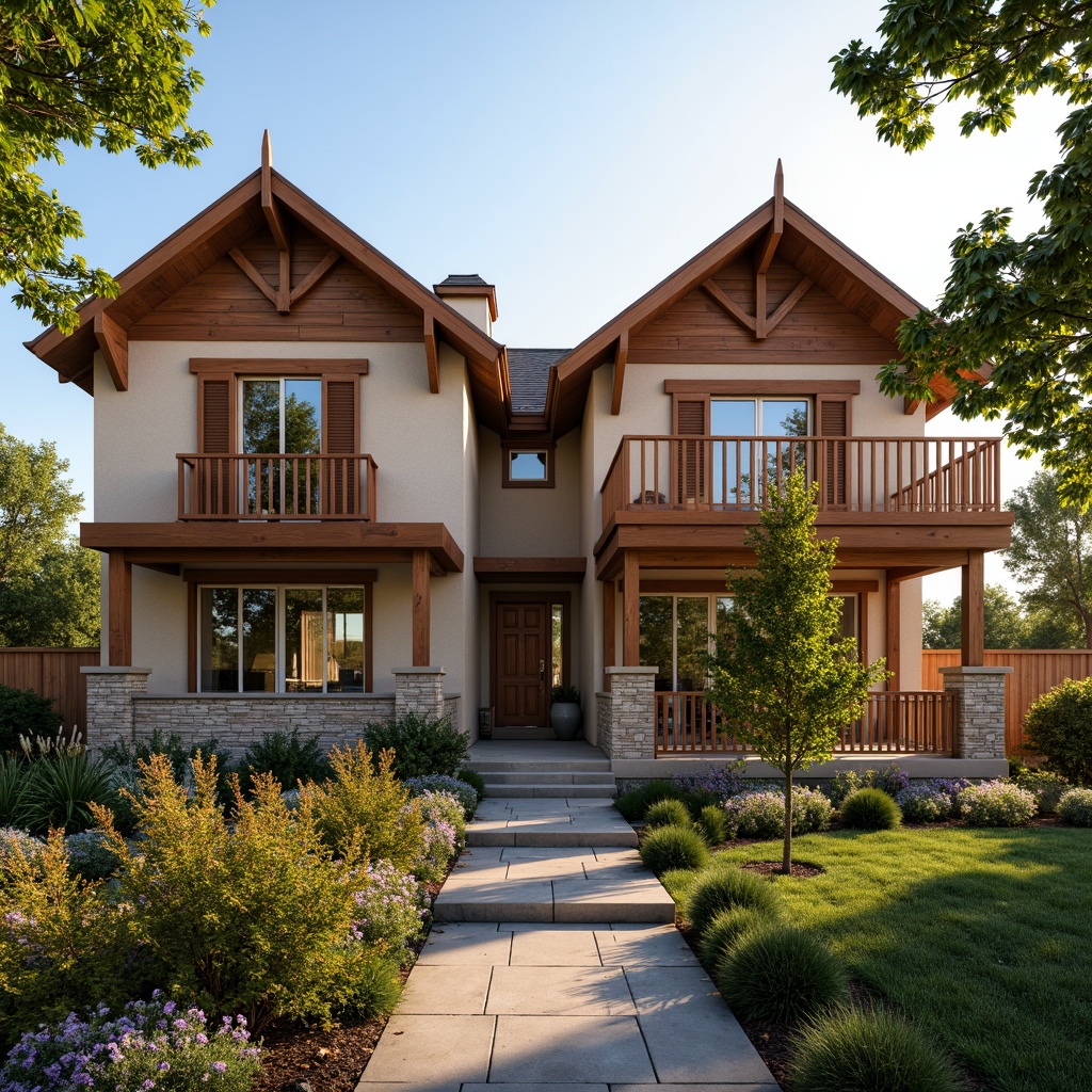 Prompt: Earth-toned craftsman homes, natural wood accents, warm beige stucco, rustic stone foundations, lush greenery, blooming flowers, wooden shutters, decorative trusses, exposed rafters, cozy porches, inviting entranceways, warm golden lighting, soft afternoon sunbeams, 1/1 composition, intimate focal length, realistic textures, ambient occlusion.