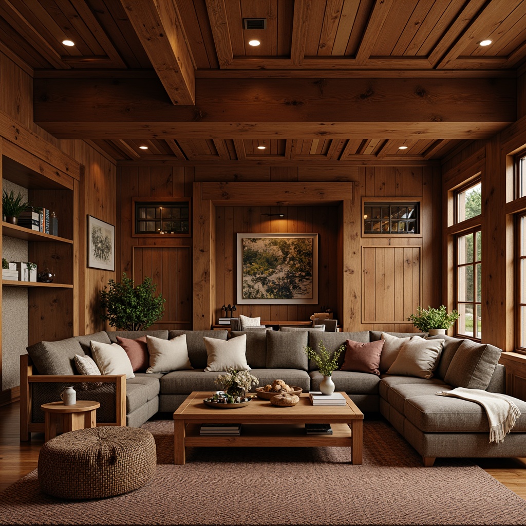 Prompt: Cozy living room, rich wood tones, wooden paneling, rustic wooden beams, craftsman-style furniture, plush upholstery, warm color palette, earthy textures, natural materials, organic shapes, intricate woodworking details, ornate carvings, wooden decorations, vintage accessories, soft warm lighting, shallow depth of field, 3/4 composition, realistic wood grain textures, ambient occlusion.