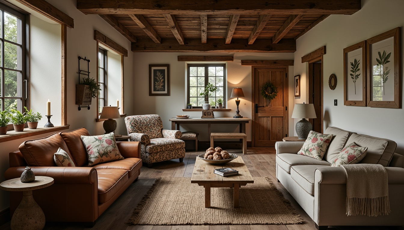 Prompt: Rustic farmhouse interior, vintage wooden furniture, distressed leather sofas, woven jute rugs, natural linen fabrics, earthy tone textiles, botanical print cushions, reclaimed wood accents, antique metalware, warm candlelight, soft focus, shallow depth of field, 1/2 composition, cozy atmosphere, organic textures.