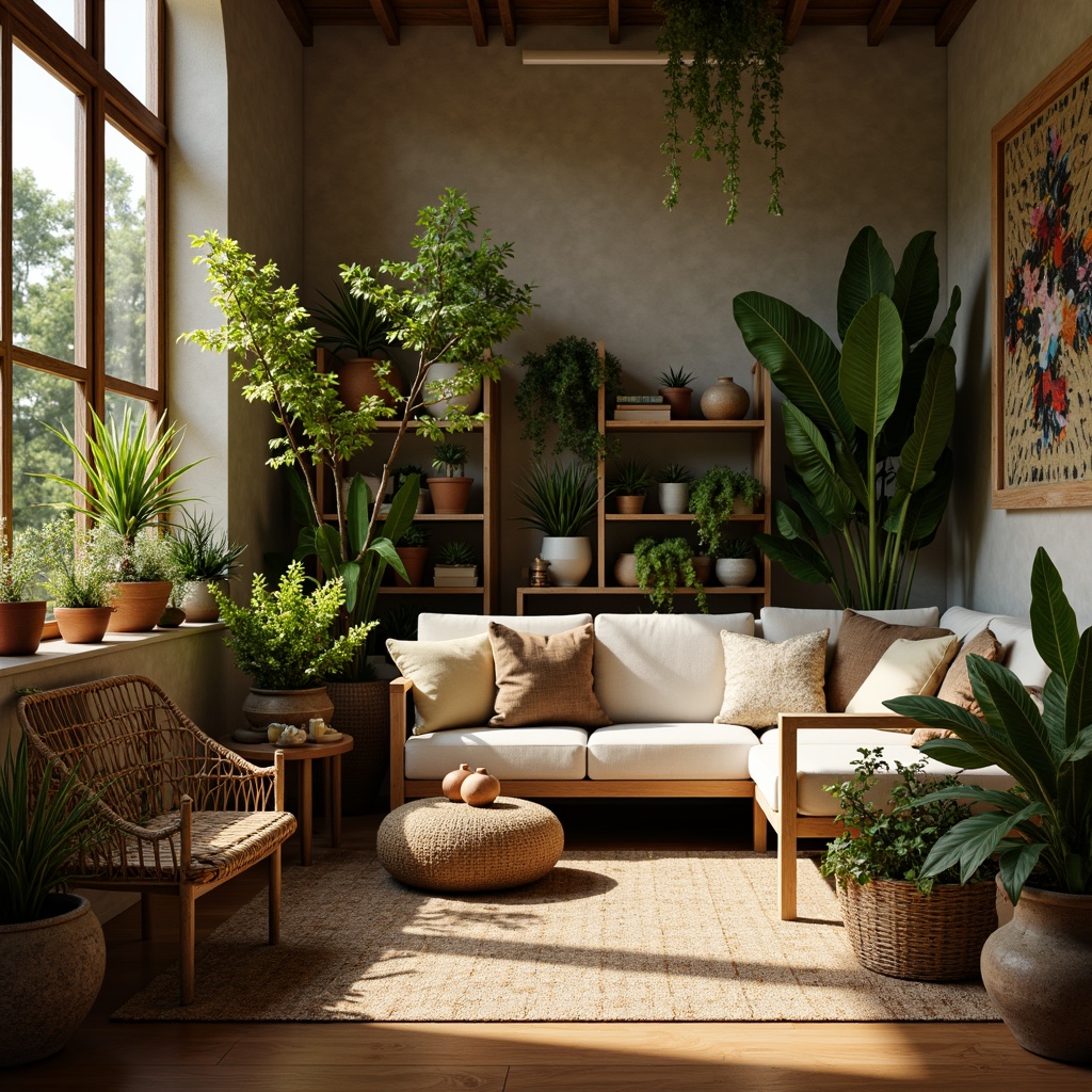 Prompt: Cozy living room, lush greenery, potted plants, natural wood furniture, woven baskets, earthy tone walls, soft warm lighting, comfortable sofa, vibrant flowers, leafy branches, rustic pottery, organic textures, shallow depth of field, 1/1 composition, realistic rendering, ambient occlusion.