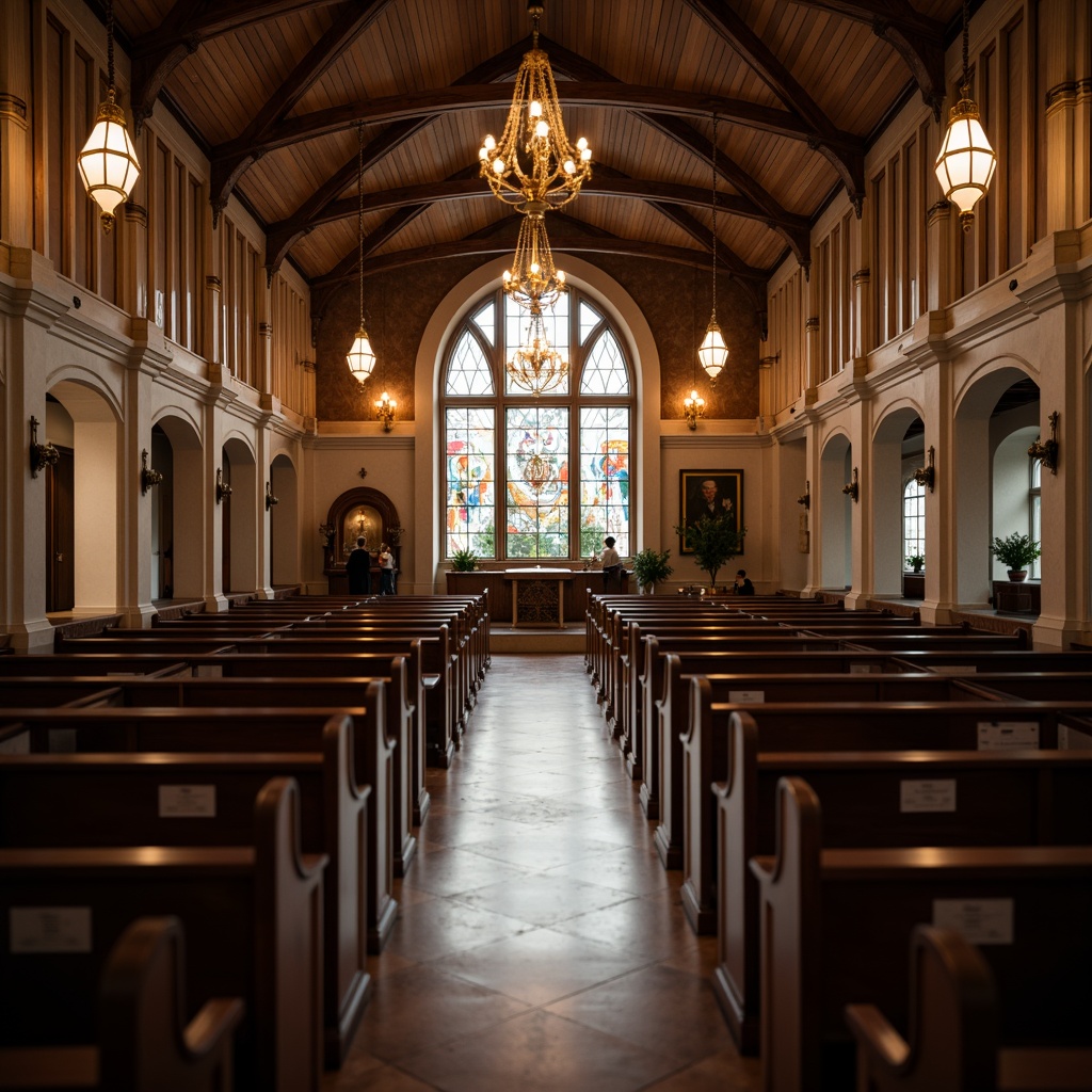 Prompt: Intimate worship space, wooden pews, stained glass windows, ornate chandeliers, vaulted ceilings, reverberant acoustics, sound-absorbing materials, optimal speaker placement, clear audio signals, minimal echo, warm ambiance, soft warm lighting, subtle color palette, elegant architectural details, refined textures, realistic rendering, shallow depth of field, 2/3 composition, cinematic view.