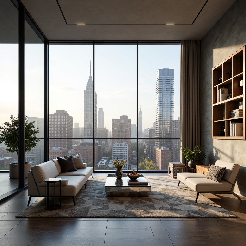 Prompt: Minimalist living room, sleek low-profile sofa, geometric patterned rug, polished chrome coffee table, floor-to-ceiling windows, urban cityscape view, soft warm lighting, shallow depth of field, 3/4 composition, panoramic view, realistic textures, ambient occlusion, modern minimalist decor, industrial-chic accents, reclaimed wood shelving, metallic side tables, monochromatic color scheme, spacious open layout, airy atmosphere, functional simplicity.