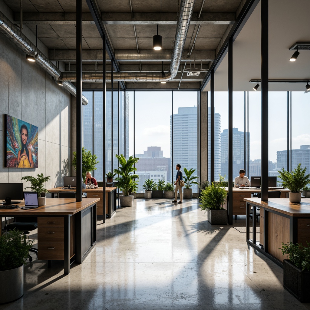 Prompt: Modern office interior, glass partitions, sleek metal frames, minimalist decor, open floor plan, collaborative workspaces, natural light pouring in, bright airy atmosphere, wooden desks, ergonomic chairs, potted greenery, abstract artwork, industrial chic lighting fixtures, polished concrete floors, urban city views, 1/1 composition, shallow depth of field, soft box lighting.