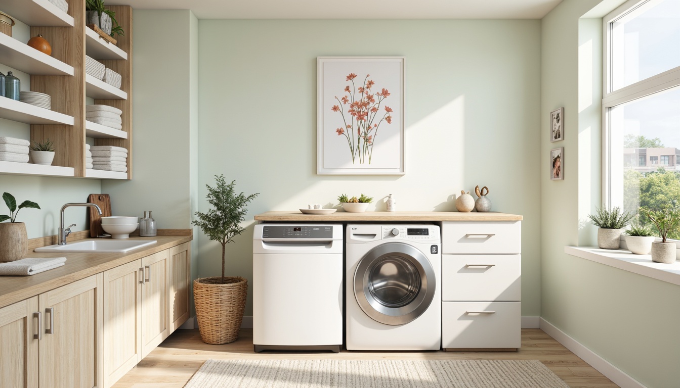 Prompt: Calming laundry room, soft pastel hues, creamy whites, gentle blues, warm beige tones, natural wood accents, clean lines, minimal ornamentation, functional shelving, stainless steel appliances, porcelain sinks, fresh flowers, airy atmosphere, soft diffused lighting, 1/1 composition, shallow depth of field, realistic textures, ambient occlusion.