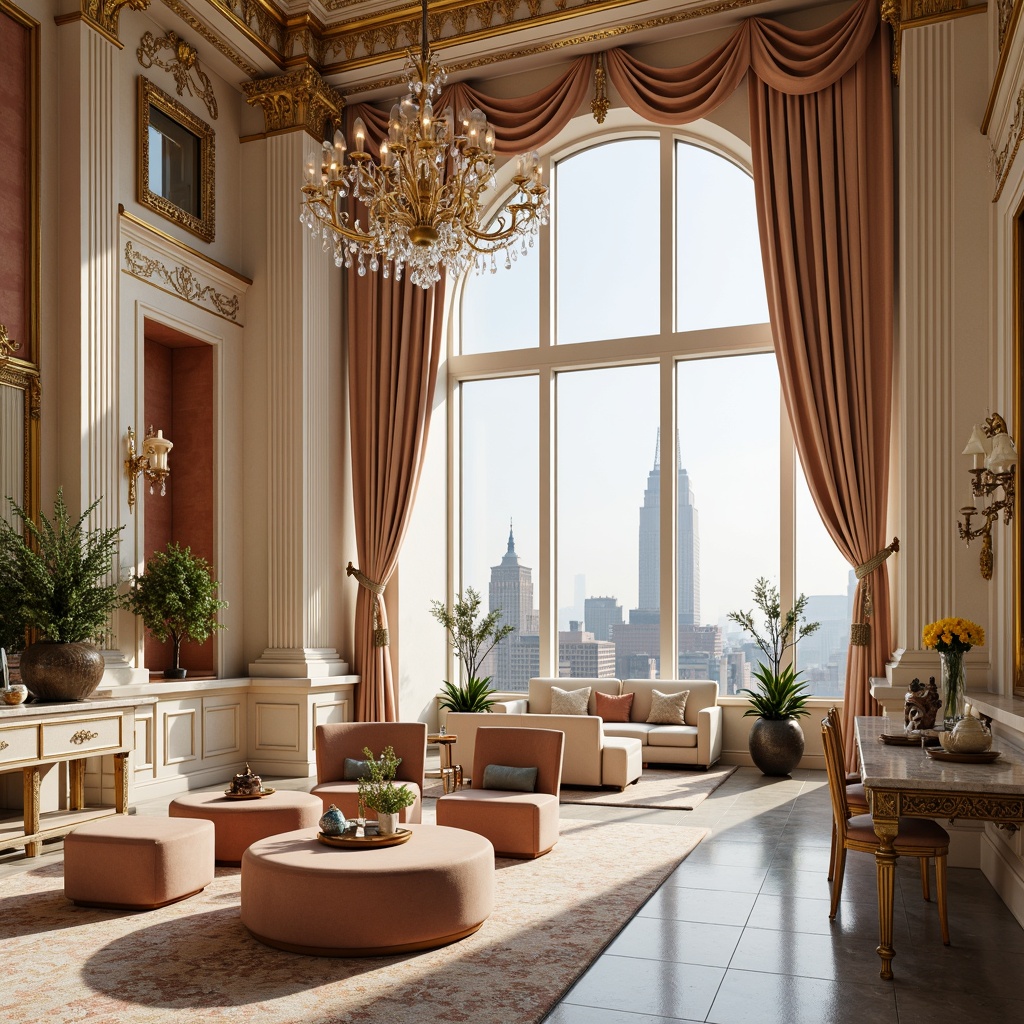 Prompt: Luxurious penthouse, Rococo style, ornate furnishings, rich velvet fabrics, soft golden lighting, creamy marble countertops, intricate wood carvings, lavish chandeliers, pastel color palette, soft peach hues, pale blue accents, ivory whites, warm beige tones, French Renaissance inspiration, elegant curvaceous lines, opulent decorative patterns, lavish floor-to-ceiling drapery, panoramic city views, morning sunlight, dramatic shadows, 1/2 composition, cinematic lighting, realistic reflections.