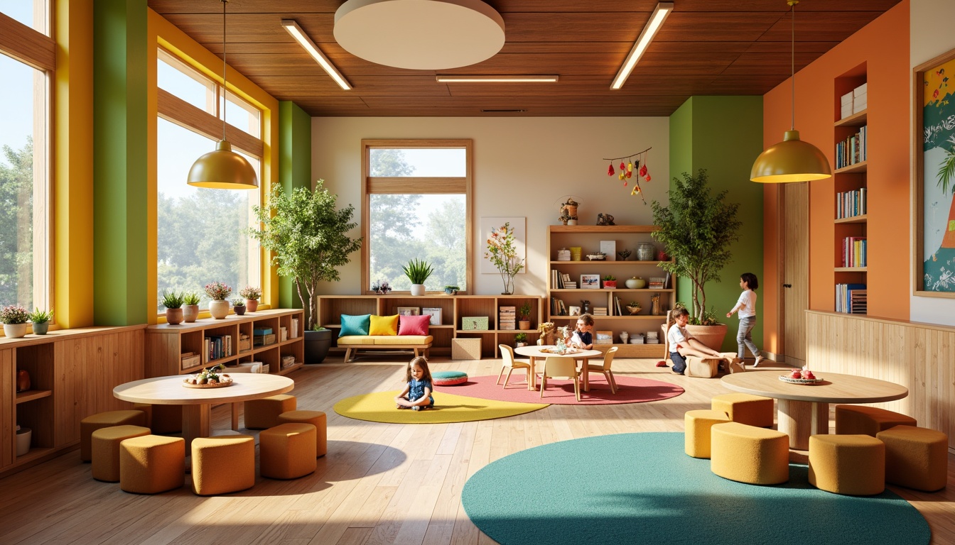 Prompt: Vibrant kindergarten, playful color schemes, soft warm lighting, cozy reading nooks, circular tables, tiny chairs, educational toys, interactive displays, natural materials, wooden accents, gentle LED lights, suspended pendant lamps, whimsical mobiles, rainbow-hued rugs, cheerful murals, textured wall finishes, acoustic ceiling panels, calming ambient sounds, shallow depth of field, 1/1 composition, intimate camera angles, realistic textures, subtle shadows.