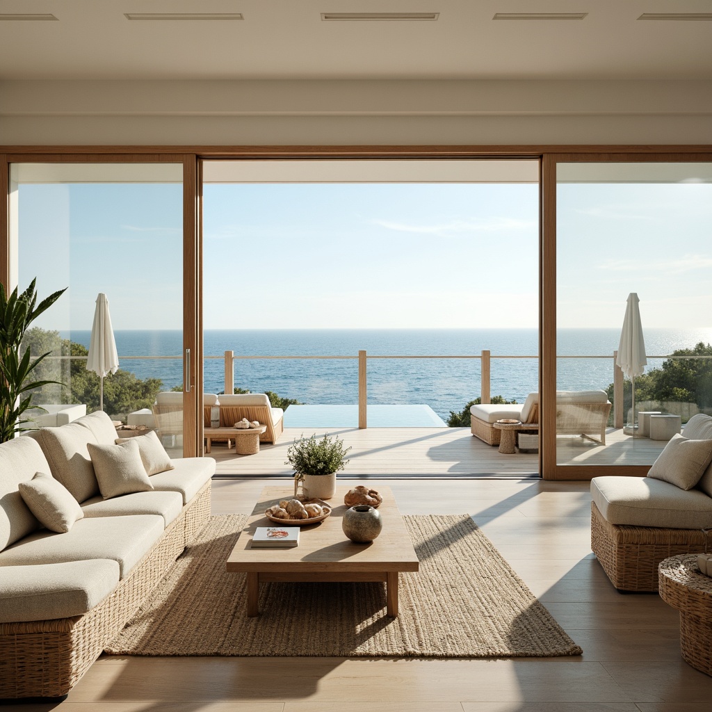 Prompt: Airy coastal living room, large windows, sliding glass doors, ocean views, minimal obstructions, reflective surfaces, creamy whites, soft blues, natural textures, woven fibers, driftwood accents, shell decorations, beachy vibe, warm sunny day, soft diffused lighting, high ceilings, open floor plans, minimalist decor, eco-friendly materials, sustainable design, seaside freshness, gentle breeze, panoramic views, shallow depth of field.