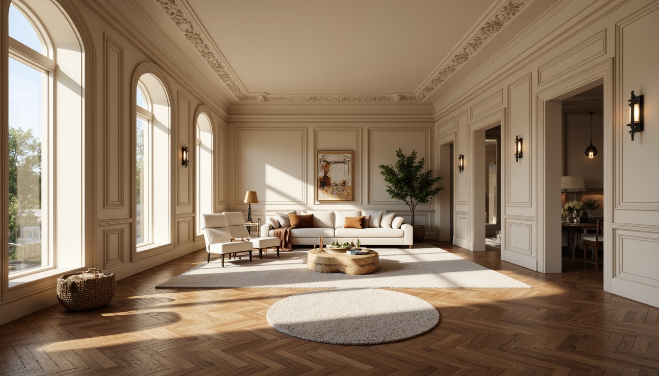 Prompt: Hardwood floors, rich walnut tones, subtle grain textures, warm beige walls, creamy white trim, ornate moldings, elegant archways, spacious open-plan living areas, floor-to-ceiling windows, soft natural lighting, minimal ornamentation, classic furniture pieces, plush area rugs, warm earthy color palette, organic materials, subtle pattern variations, herringbone parquet, 1/2 composition, atmospheric perspective, realistic reflections.