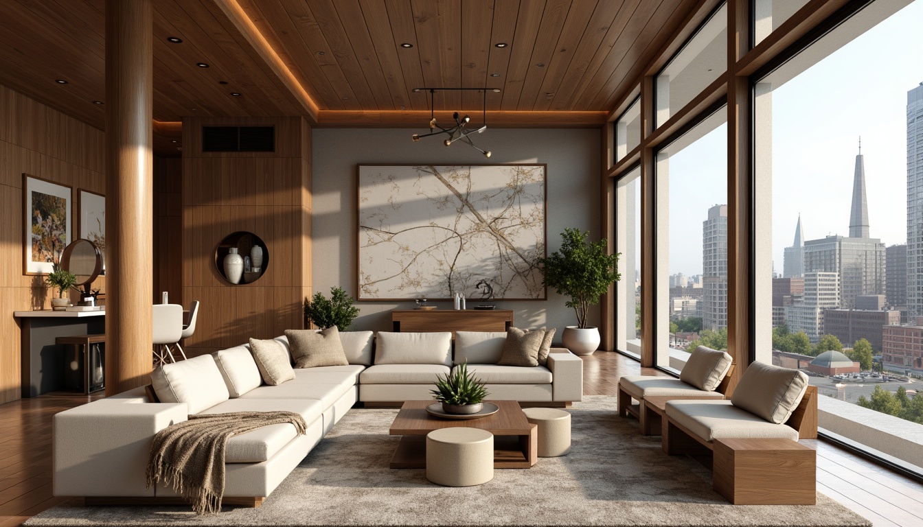 Prompt: Elegant living room, plush sectional sofa, rich wood tones, luxurious fabrics, metallic accents, natural textiles, soft pastel colors, subtle patterns, refined lines, sophisticated decor, statement lighting fixtures, floor-to-ceiling windows, urban cityscape views, warm afternoon light, shallow depth of field, 1/2 composition, realistic materials, ambient occlusion.