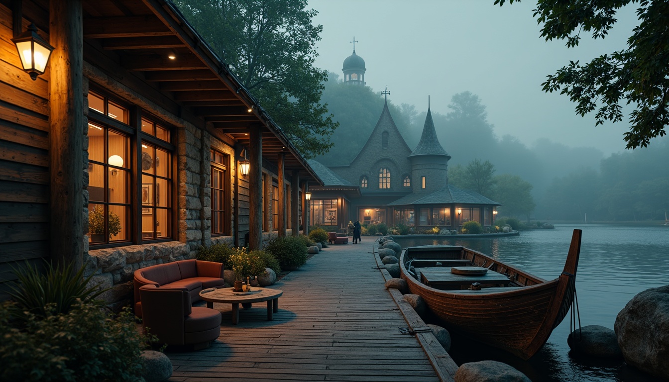 Prompt: Weathered wooden docks, mysterious lake fog, vintage nautical ropes, distressed boat hulls, worn stone walls, moss-covered roofs, ornate Gothic spires, rusty metal lanterns, candlelit ambiance, rich velvet drapes, luxurious leather furnishings, dark wood paneling, antique nautical instruments, mystical moonlight, eerie misty atmosphere, warm golden lighting, cinematic color grading, high contrast ratios, muted earth tones, bold accent colors.