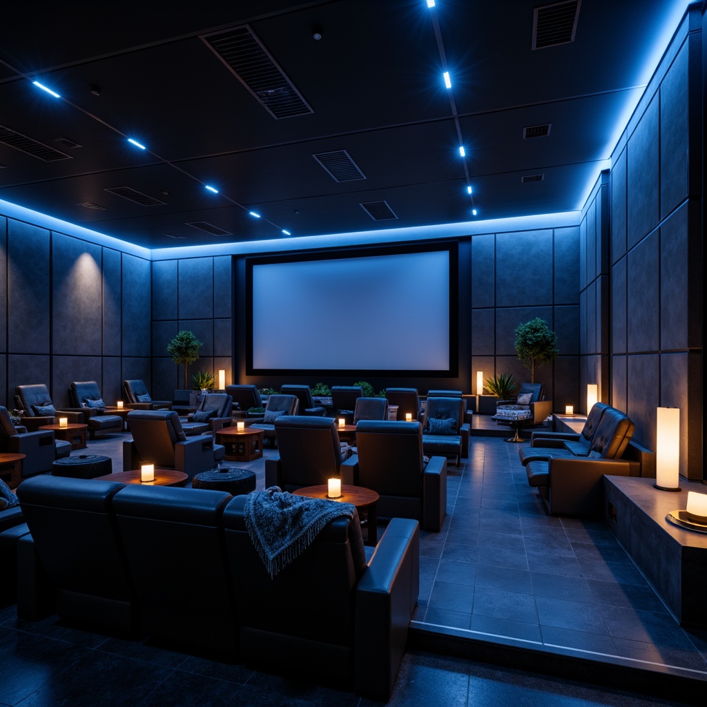 Prompt: Luxurious cinema interior, modern minimalist style, sleek low-profile seating, reclining chairs, adjustable armrests, premium leather upholstery, metallic accents, dimmable floor lamps, atmospheric blue LED lighting, surround sound speakers, acoustic panels, curved screen, 3D projection technology, intimate setting, cozy throw blankets, elegant concessions stand, gourmet snack bar, sophisticated ambiance, shallow depth of field, 2/3 composition, cinematic wide-angle shot, realistic textures, ambient occlusion.