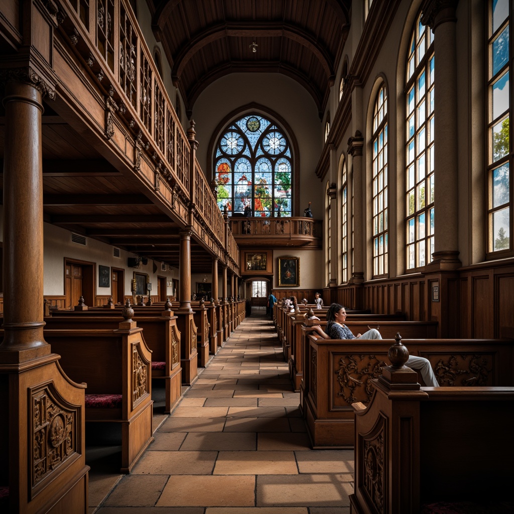 Prompt: Intricately carved wooden pews, rich dark wood tones, ornate Gothic details, polished surfaces, comfortable cushioning, stained glass windows, high ceilings, traditional Victorian architecture, grandiose interior design, warm soft lighting, subtle shadows, 1/1 composition, realistic textures, ambient occlusion.