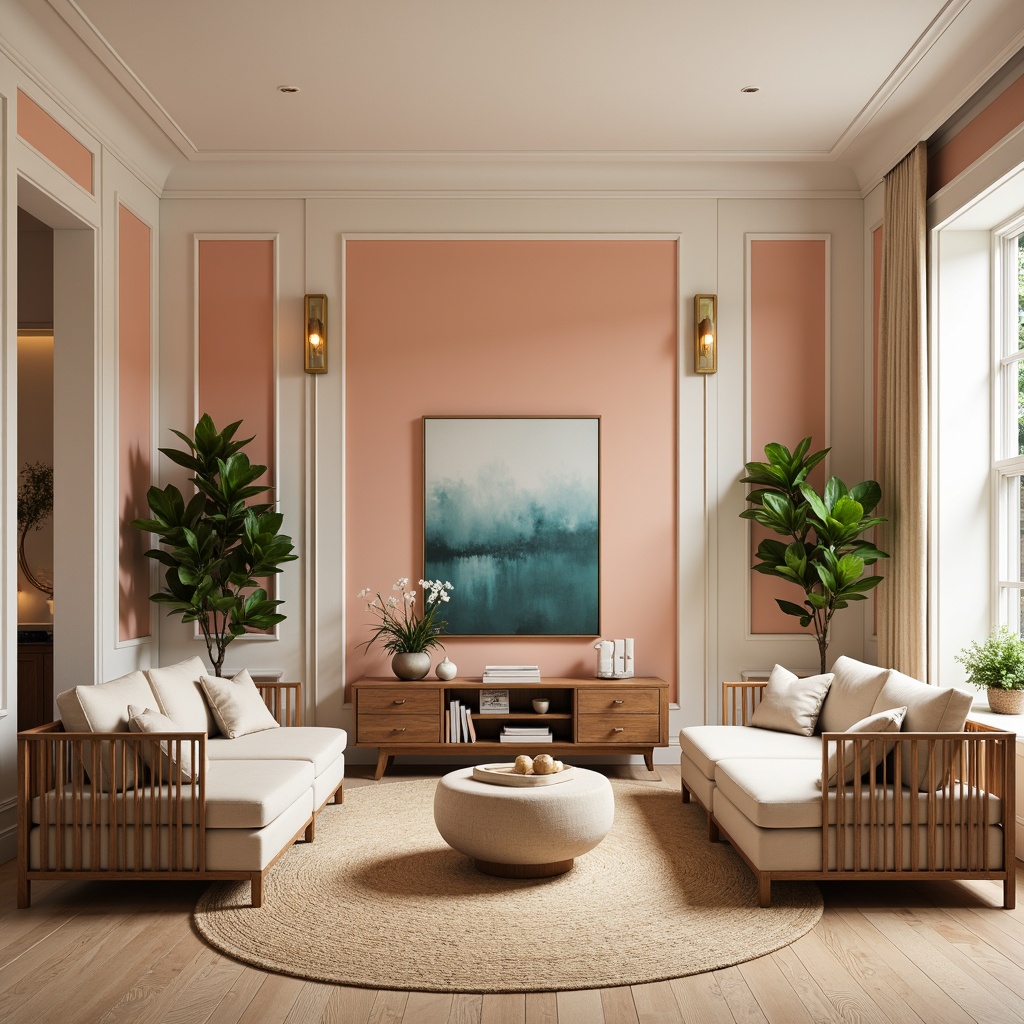 Prompt: Soft peach walls, creamy white trim, warm beige furniture, rich walnut wood accents, natural jute rugs, calming blue-green artwork, metallic gold lighting fixtures, lush green plants, airy open space, soft diffused light, shallow depth of field, 1/1 composition, realistic textures, ambient occlusion.