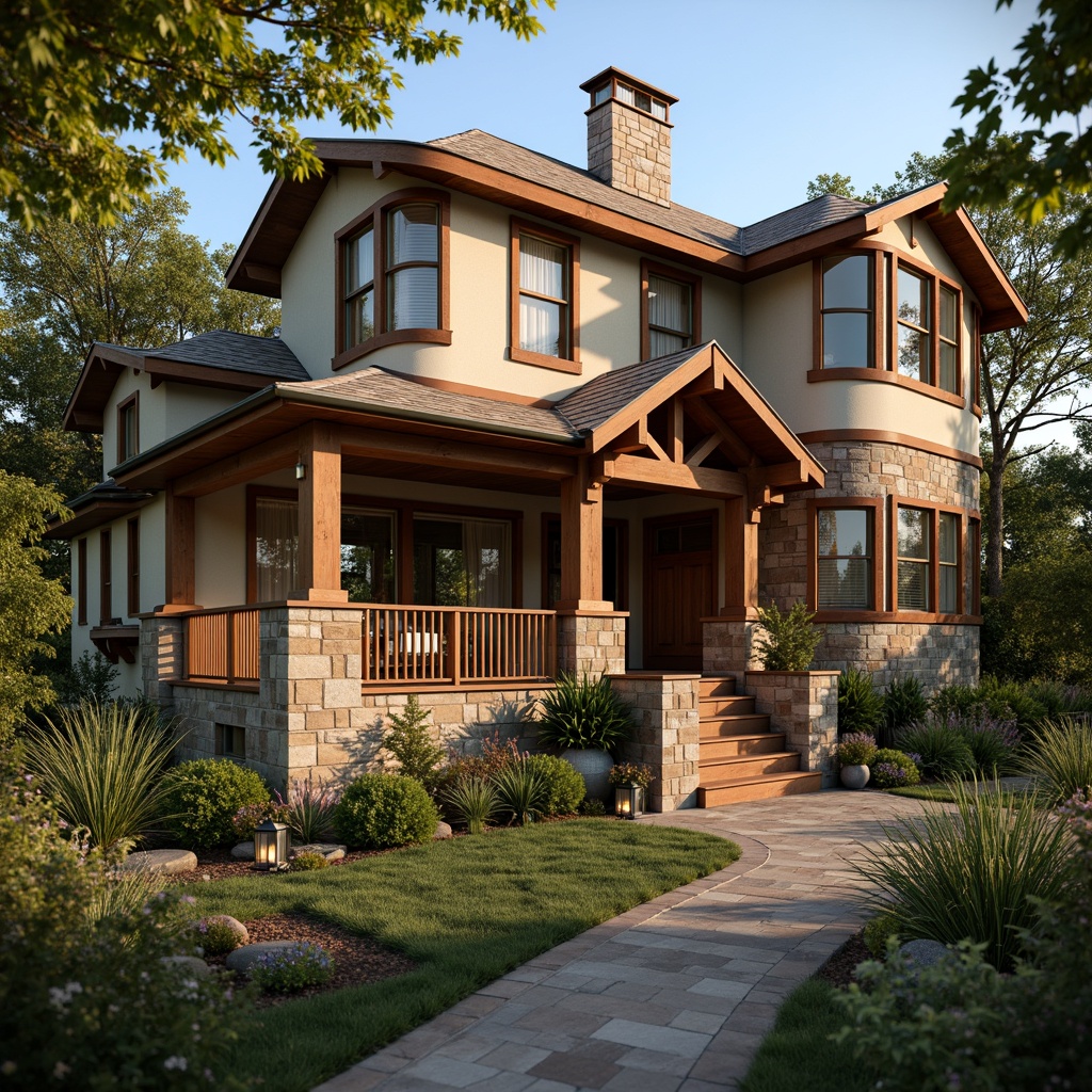 Prompt: Rustic Craftsman home, earthy tones, natural wood accents, stone exterior, warm beige stucco, rich brown trims, soft sage green shutters, weathered copper roof, lush greenery, blooming flowers, wooden porch, cozy lanterns, warm golden lighting, shallow depth of field, 1/2 composition, intimate atmosphere, realistic textures, ambient occlusion.