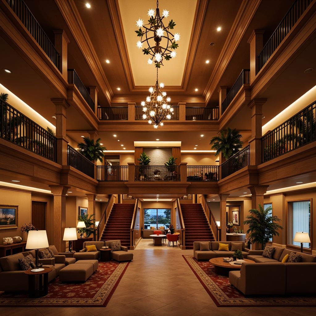 Prompt: Cozy hotel lobby, warm ambient lighting, soft golden tones, comfortable seating areas, elegant chandeliers, sophisticated pendant lights, rich wood accents, plush carpets, inviting fireplaces, relaxing atmosphere, warm color palette, subtle shadows, dramatic high ceilings, luxurious furnishings, ornate mirrors, opulent decorations, grand staircases, warm white lighting, gentle spotlights, softbox lighting, 1/2 composition, intimate ambiance, realistic textures, ambient occlusion.