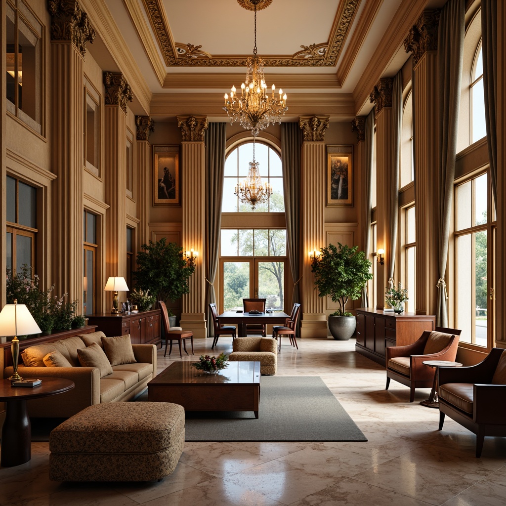 Prompt: Elegant office interior, classicism style, ornate columns, carved wooden panels, grand chandeliers, luxurious fabrics, rich leather sofas, polished marble floors, intricate moldings, gilded frames, crystal glass doors, stately conference tables, refined executive desks, sophisticated lighting fixtures, warm neutral colors, high ceilings, symmetrical composition, realistic textures, ambient occlusion.