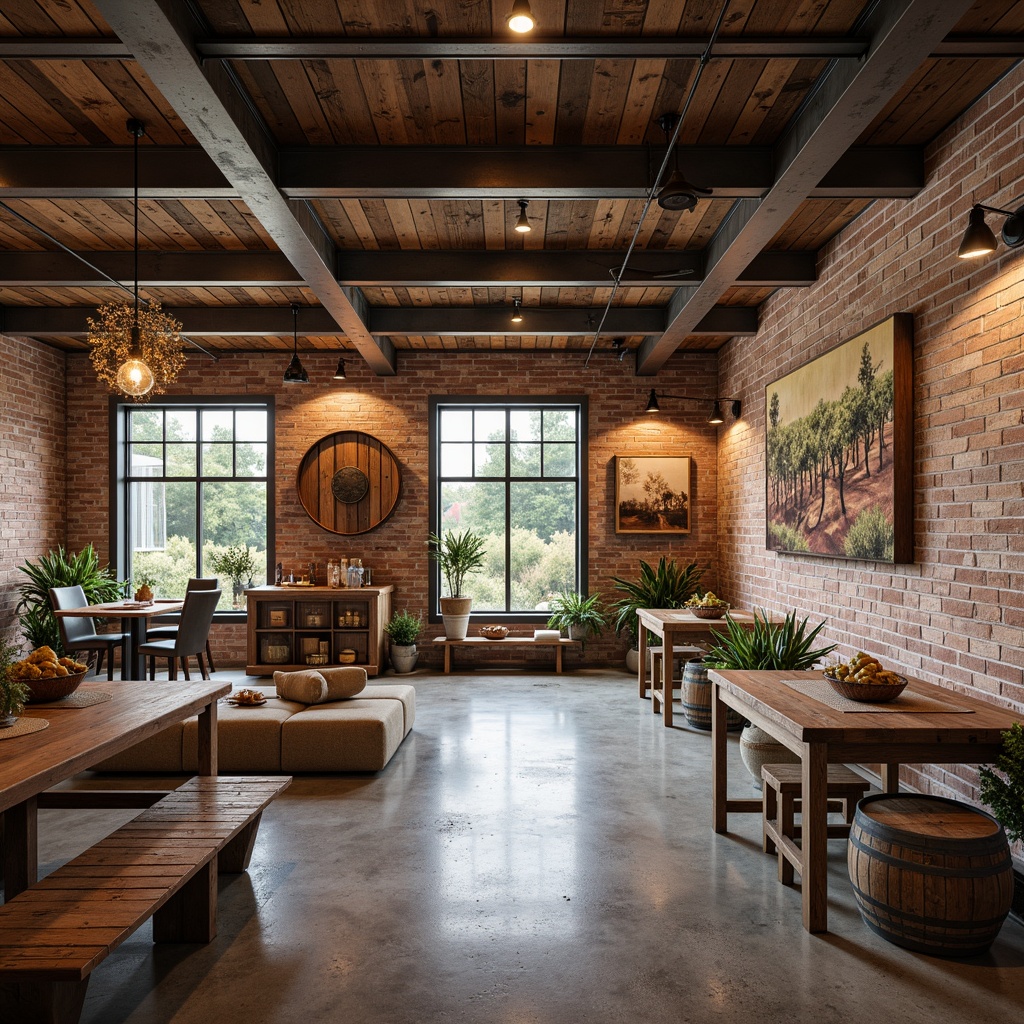 Prompt: Rustic winery, modern industrial chic, reclaimed wood accents, exposed brick walls, metallic beams, polished concrete floors, wooden barrel decorations, vineyard-inspired artwork, earthy color palette, natural stone features, large windows, sliding glass doors, warm ambient lighting, soft focus, shallow depth of field, 2/3 composition, rustic textures, realistic reflections.