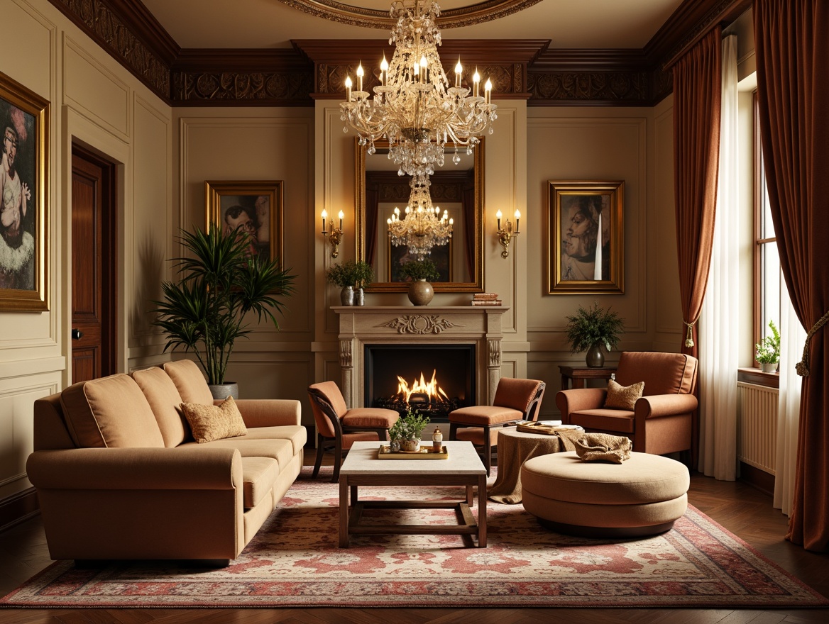 Prompt: Luxurious living room, rich wood textures, warm beige walls, comfortable velvet sofas, plush area rugs, ornate gold frames, lavish crystal chandeliers, soft creamy lighting, subtle shadow effects, 1/2 composition, intimate atmosphere, realistic reflections, ambient occlusion.