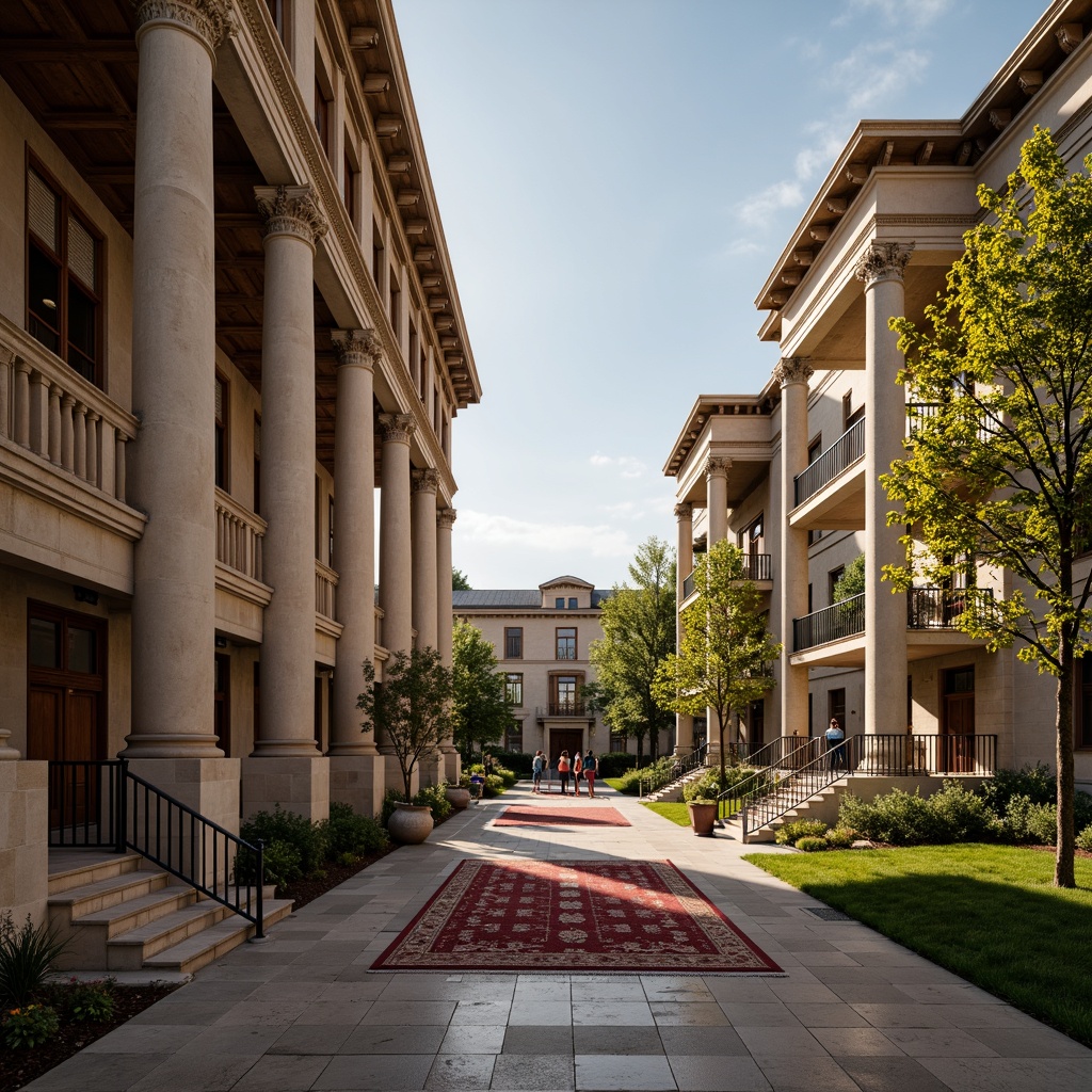 Prompt: Elegant university campus, grand neoclassical buildings, imposing columns, ornate capitals, rusticated bases, symmetrical facades, architrave details, pedimented roofs, limestone walls, marble floors, stately staircases, wooden paneling, vintage chandeliers, richly patterned rugs, classic academic atmosphere, warm afternoon lighting, soft focus effect, 1/1 composition, central perspective view, detailed textures, subtle ambient occlusion.