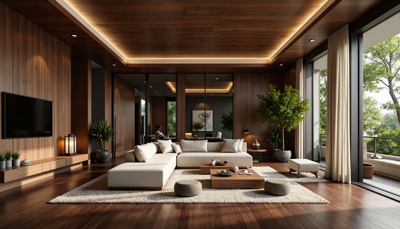 Prompt: Luxurious living room, dark hardwood floors, rich walnut wood tone, glossy finish, subtle grain texture, modern minimalist decor, sleek low-profile furniture, soft warm lighting, cozy atmosphere, plush area rugs, vibrant greenery, natural stone accents, neutral color palette, 1/1 composition, shallow depth of field, realistic textures.