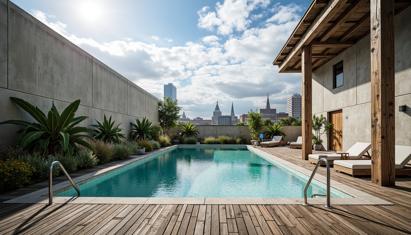 Prompt: Rustic industrial pool area, distressed metal railings, weathered wooden decking, turquoise water, surrounding concrete walls, modern minimalist furniture, sleek steel accents, urban cityscape backdrop, cloudy blue sky, warm natural lighting, shallow depth of field, 1/1 composition, vibrant color palette, realistic textures, ambient occlusion.