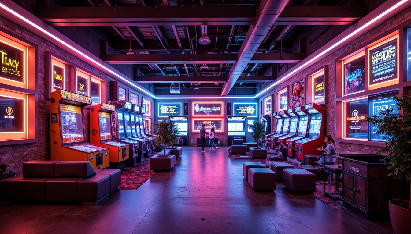 Prompt: Vibrant game room, neon-lit arcade machines, futuristic LED strips, cozy seating areas, industrial metal frames, exposed brick walls, high-contrast color scheme, warm ambient glow, dramatic spotlighting, cinematic atmosphere, 3D geometric patterns, sci-fi inspired decor, energetic mood lighting, dynamic shadow effects, shallow depth of field, 2/3 composition, realistic textures, soft focus blur.Let me know if you need any adjustments!