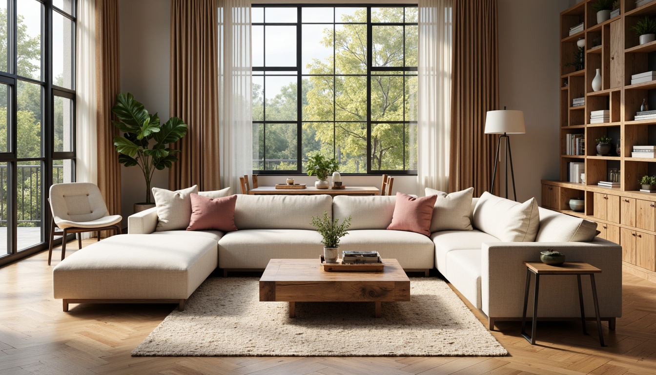 Prompt: Cozy living room, plush couches, reclaimed wood coffee tables, soft pastel-colored throw pillows, warm beige area rugs, floor-to-ceiling windows, natural light pouring in, modern minimalist decor, sleek metal legs, comfortable ergonomic chairs, built-in shelving units, rustic wooden accents, earthy color palette, warm ambient lighting, 1/2 composition, shallow depth of field, realistic textures, soft focus effect.