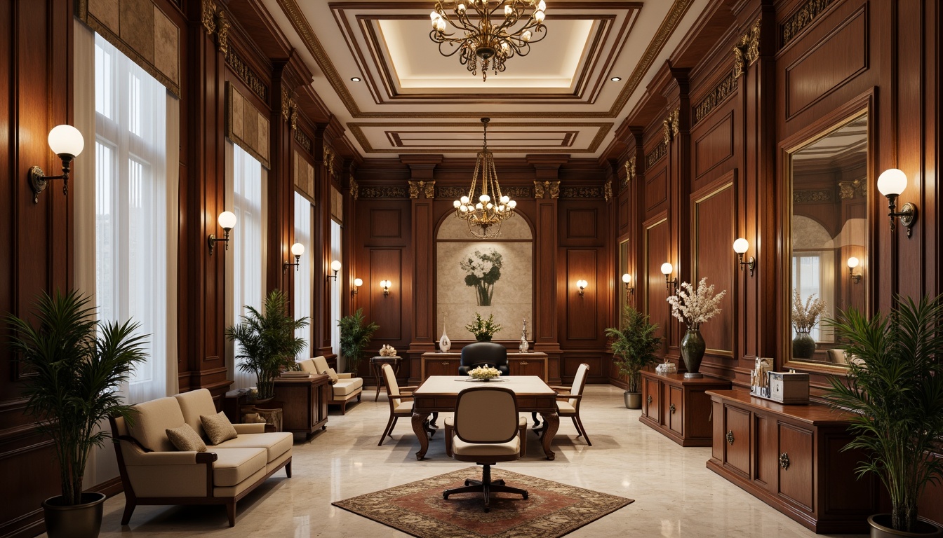 Prompt: Elegant office space, high ceilings, ornate moldings, classic columns, carved wooden panels, intricate stone carvings, grand chandeliers, symmetrical layout, luxurious fabrics, rich wood tones, polished marble floors, stately furniture, subtle color palette, soft warm lighting, shallow depth of field, 1/2 composition, formal atmosphere, realistic textures, ambient occlusion.