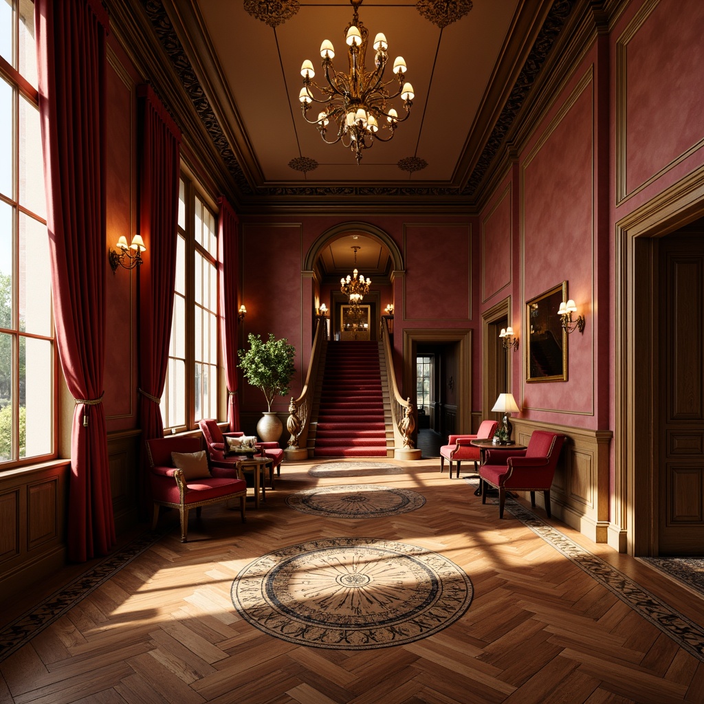 Prompt: Richly polished hardwood floors, intricately patterned parquetries, luxurious velvet carpets, ornate metal inlays, classic herringbone designs, high-gloss finishes, warm golden lighting, opulent red curtains, grandiose staircases, lavish chandeliers, elegant wall sconces, ornamental moldings, sophisticated color palette, refined textures, highly detailed renderings, cinematic atmosphere, dramatic shadows, soft focus blur.