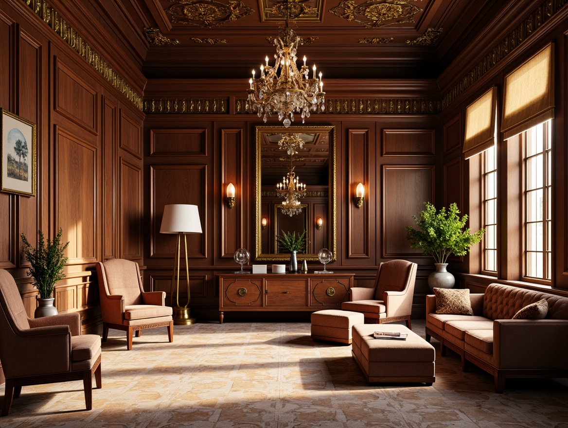 Prompt: Elegant classical school interior, rich wood tones, ornate moldings, luxurious velvet fabrics, stately furniture pieces, carved wooden chairs, polished bronze fixtures, grand crystal chandeliers, refined tufted sofas, intricate marble patterns, warm golden lighting, subtle shadows, 1/1 composition, symmetrical arrangement, realistic textures, ambient occlusion.