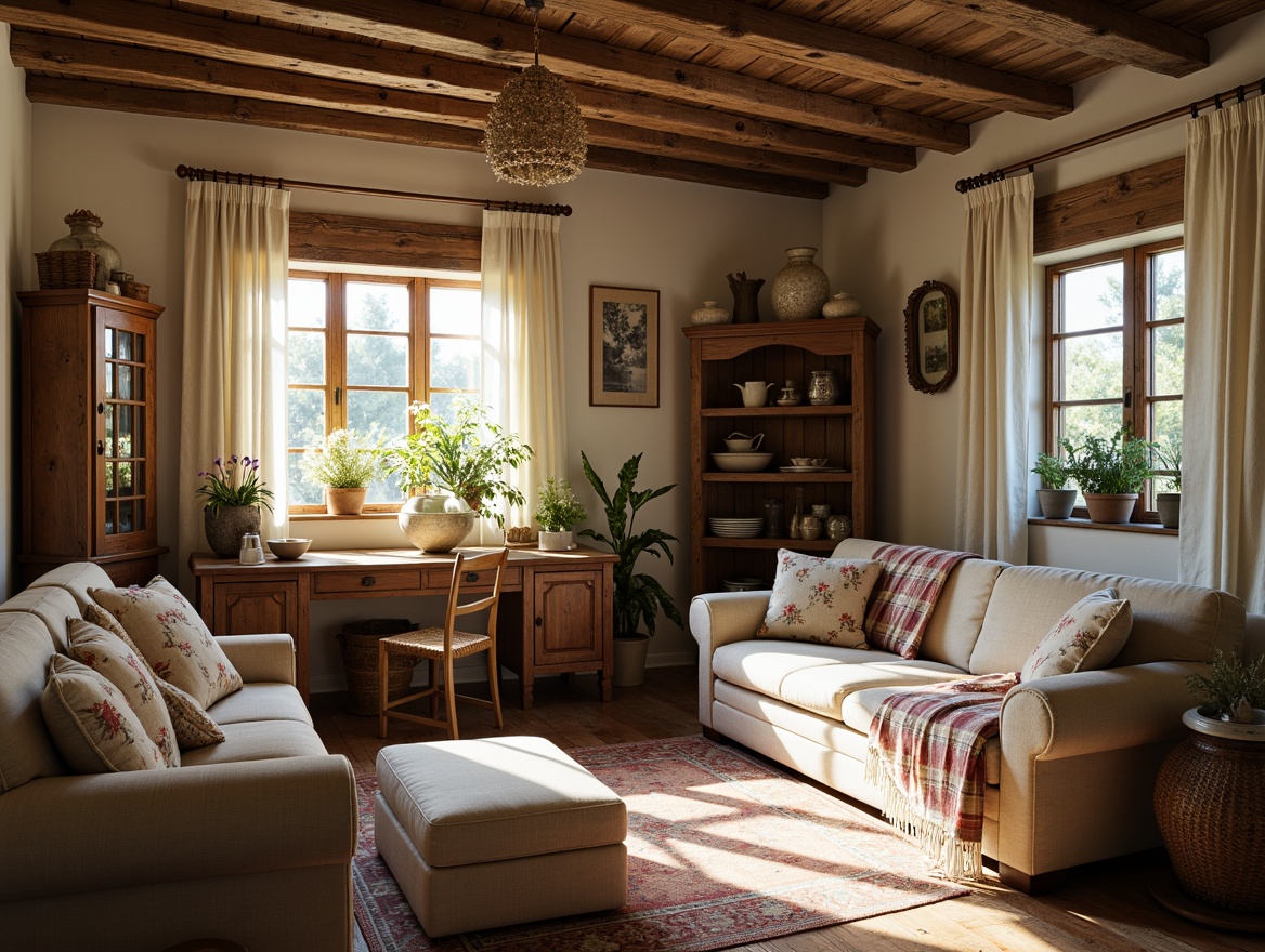 Prompt: Rustic farmhouse interior, vintage furnishings, distressed wood accents, woven baskets, natural fiber textiles, linen upholstery, cotton lace curtains, plaid blankets, floral patterns, earthy tones, warm cozy lighting, soft shadows, 1/1 composition, intimate atmosphere, realistic fabrics, ambient occlusion.