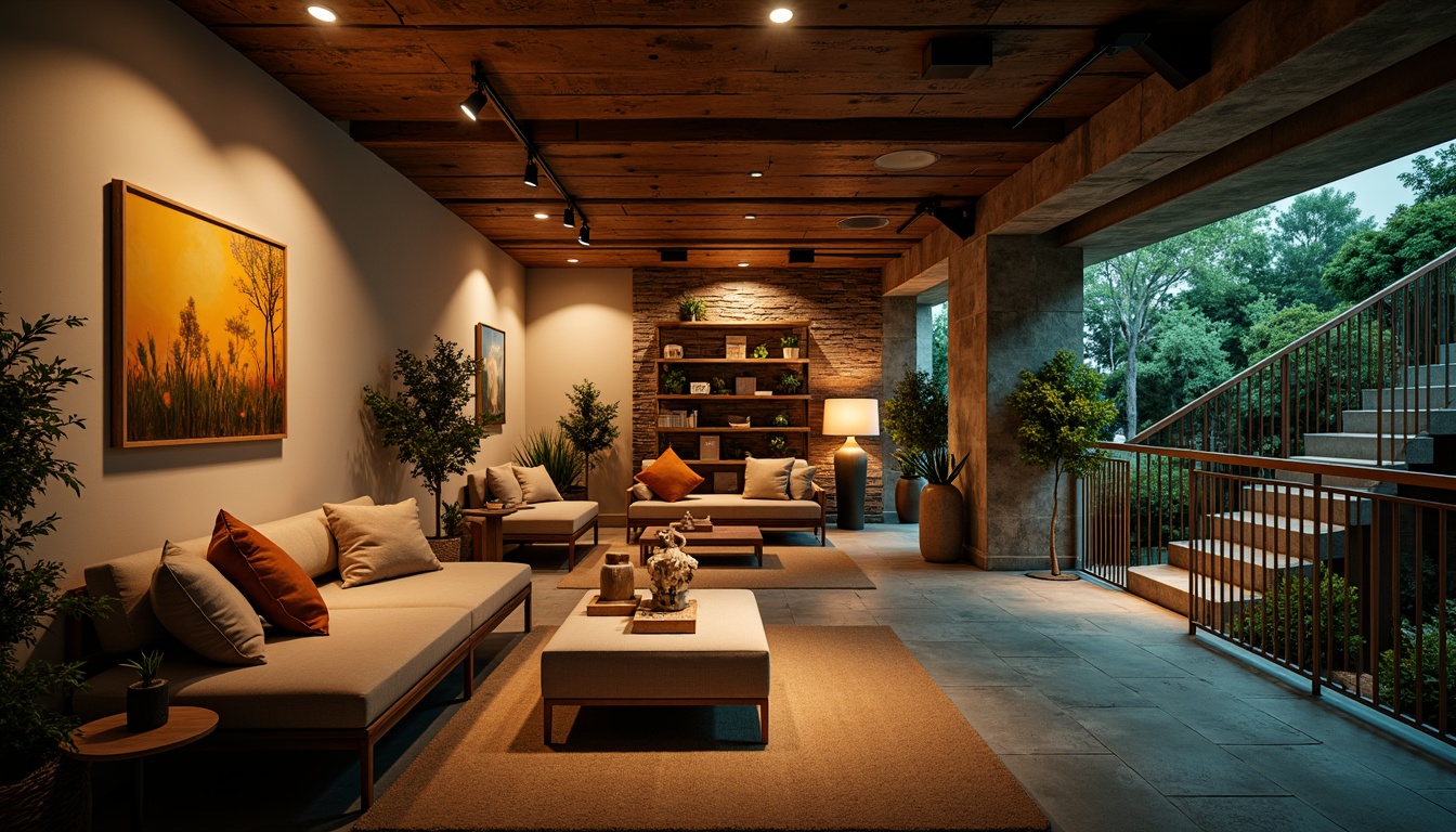 Prompt: Cozy basement, warm earthy tones, rich wood accents, soft cream walls, comfortable seating areas, warm golden lighting, rustic brick textures, natural stone floors, modern industrial decor, sleek metal railings, moody atmospheric colors, deep blues, emerald greens, warm neutrals, inviting ambiance, relaxing retreat, soft warm glow, cinematic composition, shallow depth of field.