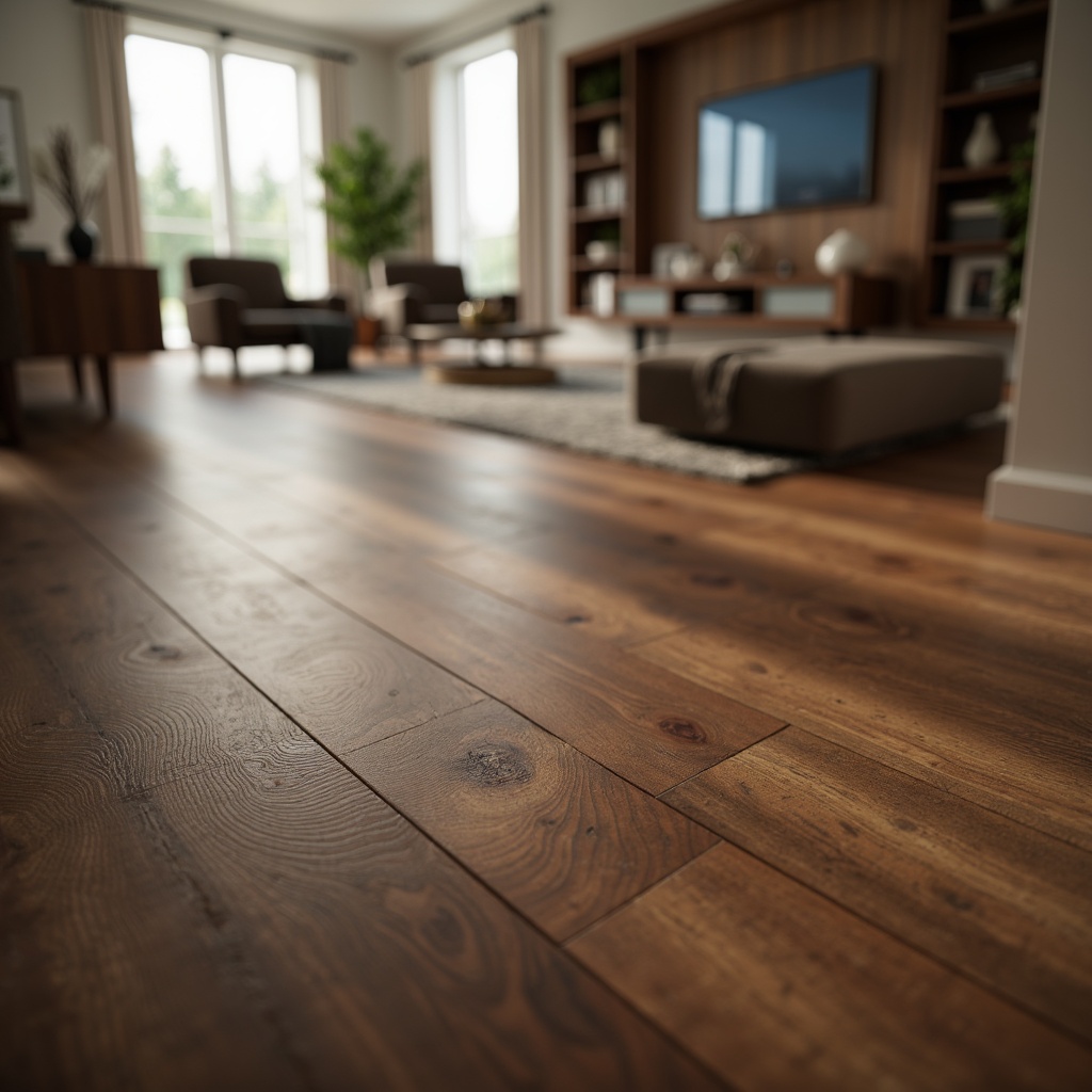 Prompt: Modern living room, hardwood flooring, rich walnut tones, subtle texture, matte finish, minimalist design, sleek lines, cozy atmosphere, warm ambient lighting, shallow depth of field, 1/1 composition, realistic wood grain textures, ambient occlusion.