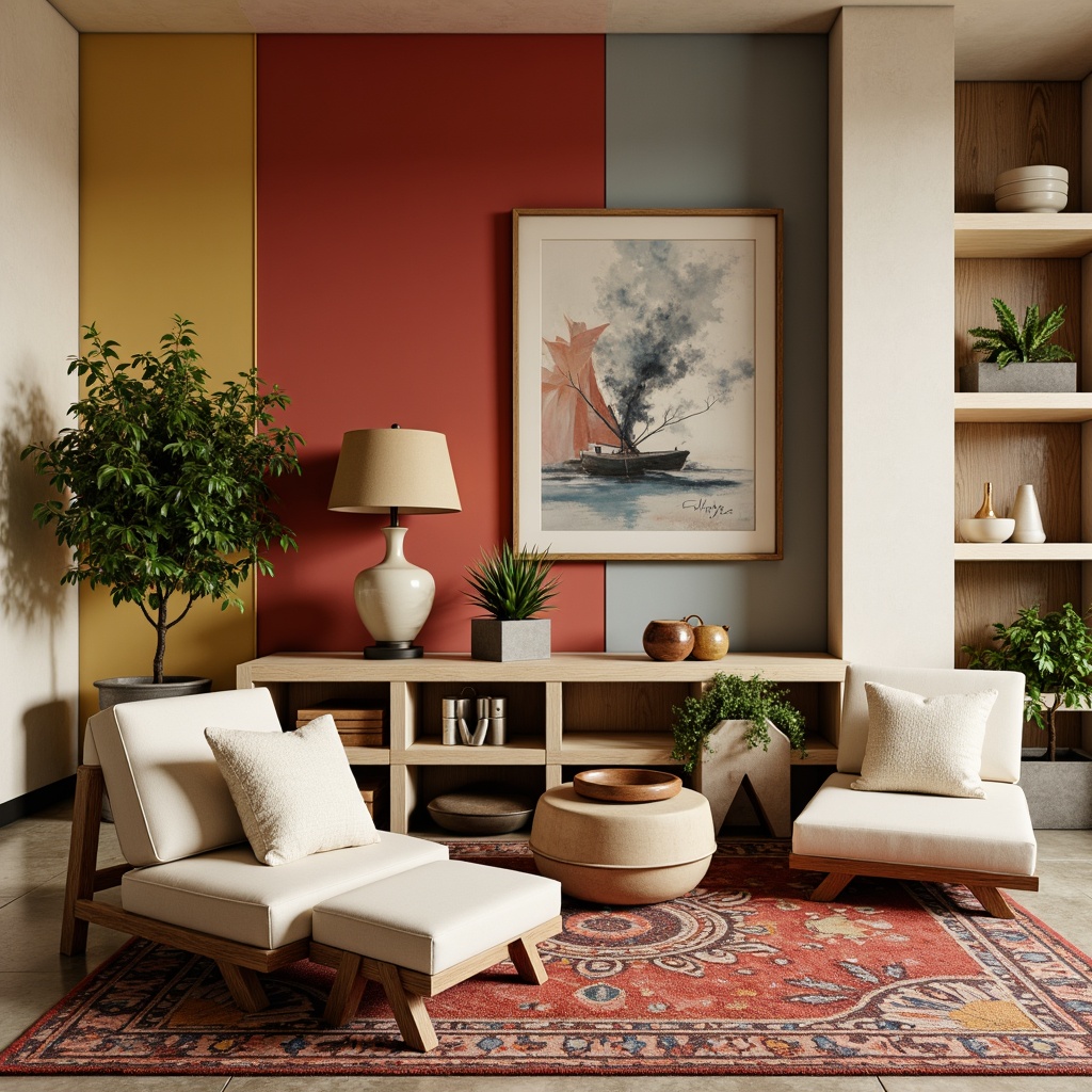 Prompt: Vibrant accent walls, bold patterned rugs, eclectic decorative accessories, richly toned wood furniture, metallic hardware details, creamy textured throw pillows, soft warm task lighting, inviting cozy nooks, abstract modern artwork, geometric-shaped planters, lush greenery, natural stone flooring, sleek minimalist shelves, warm beige color palette, soft pastel hues, 1/1 composition, shallow depth of field, realistic textures.