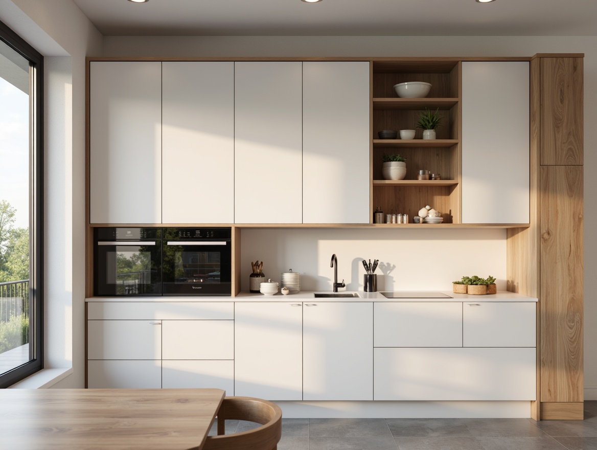 Prompt: Minimalist kitchen, sleek cabinetry, handle-free doors, matte white finishes, warm oak wood accents, Scandinavian-inspired design, compact appliances, concealed storage, recessed lighting, soft warm glow, shallow depth of field, 1/1 composition, realistic textures, ambient occlusion, morning sunlight, subtle shadows, neutral color palette.