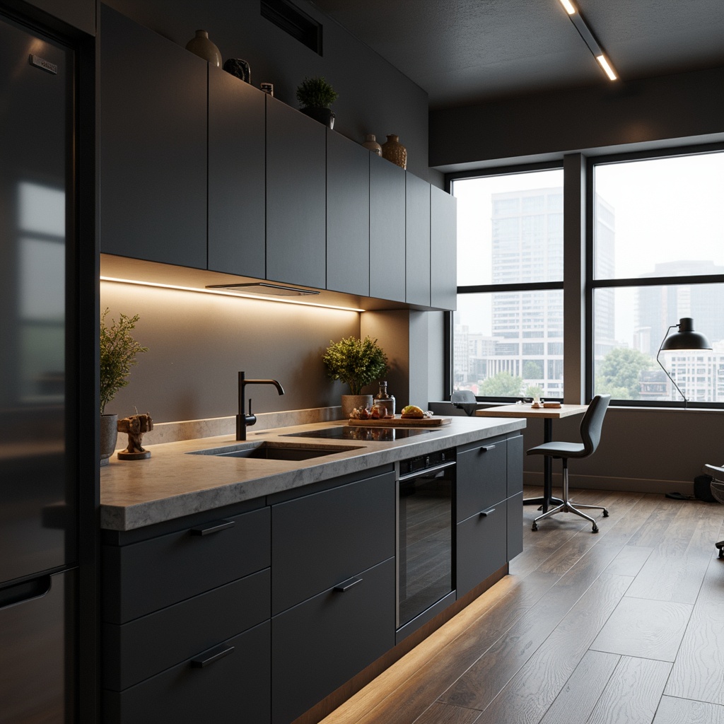 Prompt: Monochromatic kitchen, sleek countertops, handle-free cabinets, stainless steel appliances, induction cooktops, minimalist faucets, geometric-shaped lighting, matte black fixtures, Scandinavian-inspired furniture, natural wood accents, hidden storage systems, floor-to-ceiling windows, urban loft atmosphere, soft diffused light, shallow depth of field, 1/1 composition, realistic reflections, ambient occlusion.