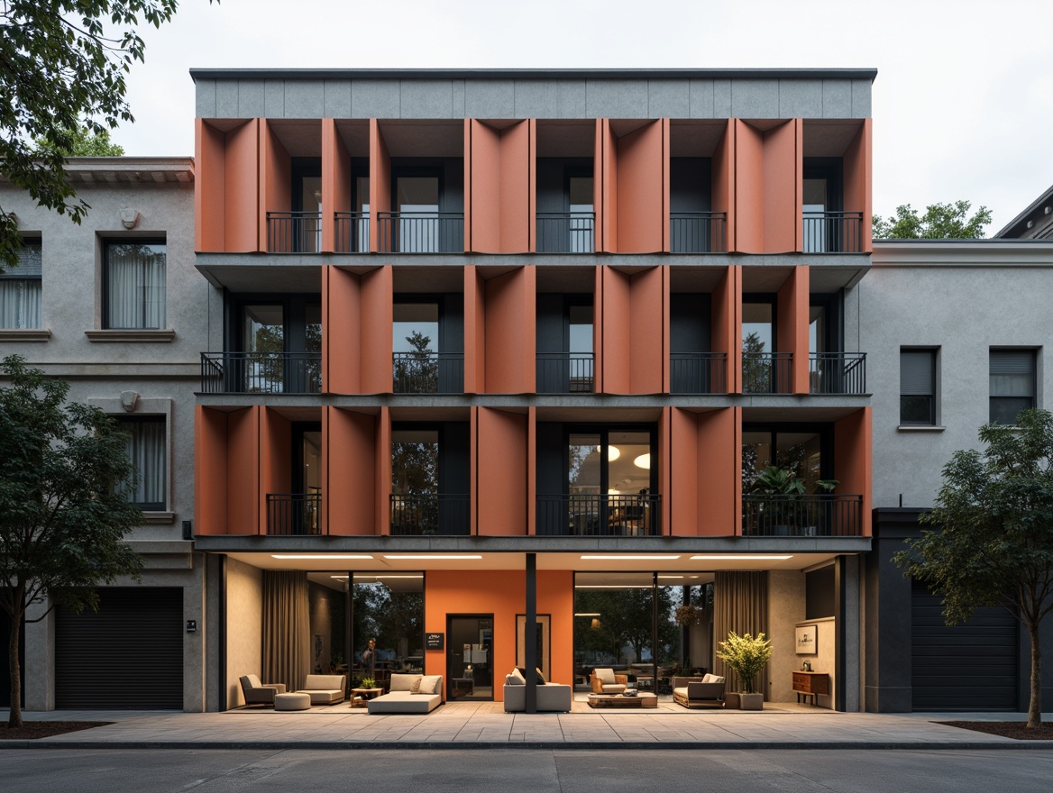 Prompt: Monochromatic hotel facade, bold primary colors, geometric shapes, industrial materials, steel beams, concrete walls, minimalist decor, functional furniture, rectangular forms, clean lines, sparse greenery, urban cityscape, morning mist, softbox lighting, high contrast ratio, 2/3 composition, cinematic mood, rich textures, atmospheric effects.