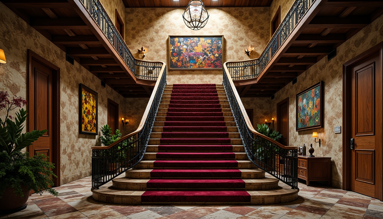 Prompt: Richly ornamented staircase, eclectic mix of textures, distressed wooden banisters, wrought iron railings, velvet-soft carpeting, polished marble treads, rustic stone walls, industrial metal accents, reclaimed wood planks, ornate metal filigree, bold colorful tapestries, intricate mosaic patterns, warm golden lighting, dramatic shadows, 1/2 composition, shallow depth of field, cinematic atmosphere.