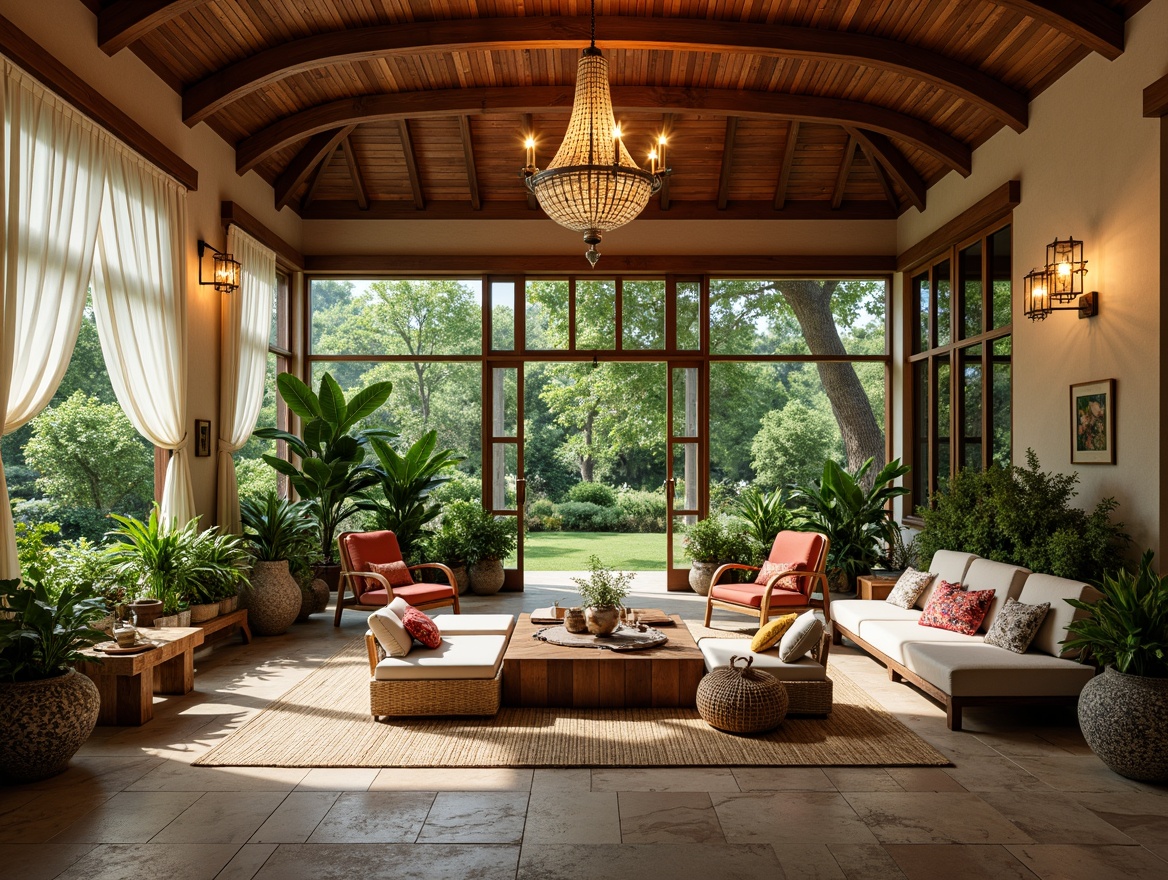 Prompt: Vibrant sunroom, lush greenery, exotic plants, natural stone flooring, wooden ceiling beams, floor-to-ceiling windows, sliding glass doors, warm ambient lighting, cozy throw pillows, plush area rugs, rattan furniture, woven wicker accents, colorful ceramic vases, decorative metal lanterns, soft sheer curtains, elegant chandeliers, tropical-inspired patterns, warm beige walls, rich wood tones, serene atmosphere, panoramic view, shallow depth of field, 3/4 composition.