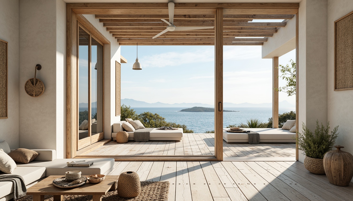 Prompt: Beachy coastal vibe, light-filled rooms, wooden accents, natural textures, woven fibers, sea-inspired colors, calming atmosphere, driftwood floors, whitewashed planks, distressed finishes, reclaimed wood, nautical ropes, ocean-blue hues, sandy neutrals, weathered stone, shells, pebbles, beachy decor, airy spaces, large windows, sliding glass doors, outdoor views, natural light, soft warm illumination, shallow depth of field, 3/4 composition, panoramic view.