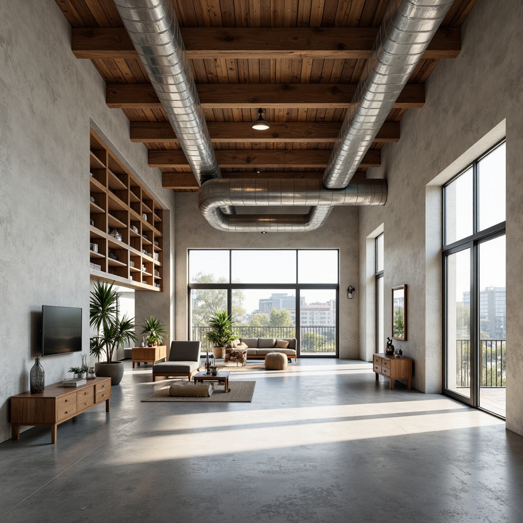 Prompt: Minimalist warehouse interior, Scandinavian aesthetic, high ceilings, exposed ductwork, polished concrete floors, industrial metal beams, wooden accents, neutral color palette, plenty of natural light, large windows, sliding glass doors, open shelving, minimal decorations, functional furniture, airy atmosphere, soft indirect lighting, 1/1 composition, realistic textures, ambient occlusion.