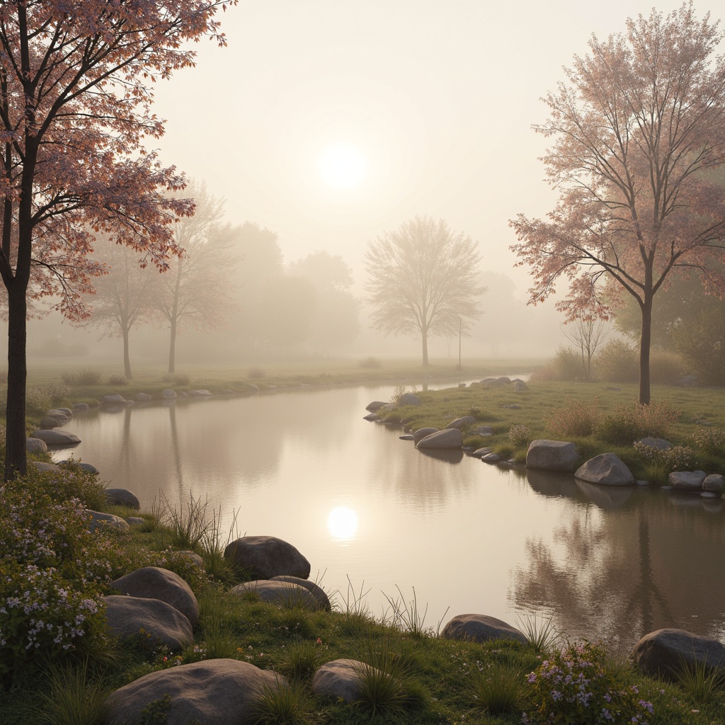 Prompt: Soft pastel hues, calming atmosphere, serene natural scenery, blooming flowers, gentle water features, peaceful lakeside, misty morning, warm golden lighting, shallow depth of field, 1/1 composition, symmetrical balance, analogous color harmony, earthy tones, creamy whites, pale blues, mauve accents, subtle texture overlays, realistic reflections, ambient occlusion.