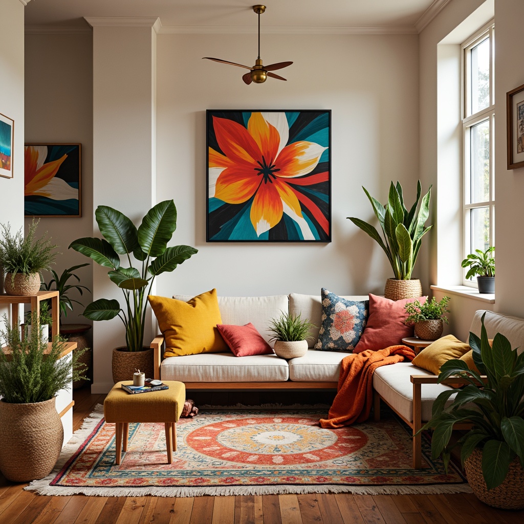 Prompt: Vibrant modern art studio, eclectic bohemian decor, rich jewel tones, bold bright accents, soft pastel hues, creamy white walls, wooden floorboards, natural textiles, geometric patterns, abstract artwork, warm golden lighting, 3/4 composition, shallow depth of field, realistic textures.