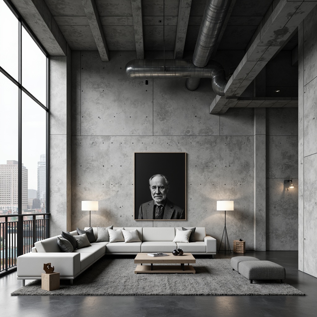 Prompt: Monochromatic interior, brutalist architecture, raw concrete walls, exposed ductwork, industrial metal beams, minimalist decor, sparse furnishings, low-profile seating, sleek coffee tables, geometric floor lamps, abstract artwork, neutral color palette, natural light pouring in, high ceilings, urban loft atmosphere, 1/1 composition, dramatic shadows, realistic textures, ambient occlusion.