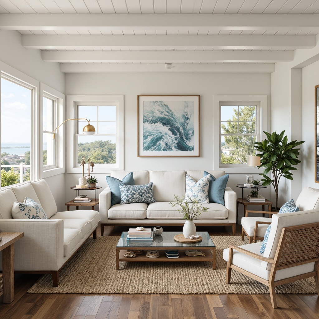 Prompt: Coastal living room, driftwood accents, natural fiber rugs, weathered wood coffee tables, nautical-themed decor, ocean-inspired color palette, calming blues and whites, comfortable linen sofas, woven sea grass chairs, glass-top side tables, coral-patterned throw pillows, shell-adorned vases, rustic wooden shelves, soft warm lighting, airy beachy feel, minimal ornamentation, organic textures, serene atmosphere, 3/4 composition, realistic renderings.