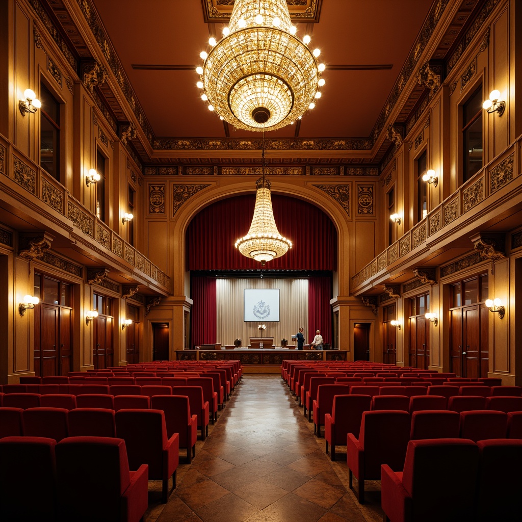 Prompt: Elegant traditional auditorium, ornate chandeliers, rich wood tones, plush red velvet seats, curved rows, central aisle, symmetrical arrangement, grand stage, dramatic curtains, intricate moldings, classic architectural details, warm golden lighting, soft shadows, 1/2 composition, shallow depth of field, realistic textures, ambient occlusion.