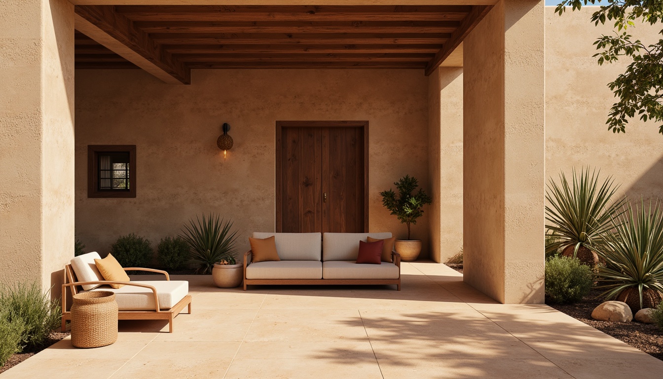 Prompt: Earth-toned rammed earth walls, natural textures, organic patterns, rustic charm, earthenware colors, sustainable materials, eco-friendly construction, modern architecture, minimal ornamentation, clean lines, simplicity, natural lighting, soft shadows, 3/4 composition, shallow depth of field, realistic rendering, ambient occlusion, warm atmosphere, serene ambiance.