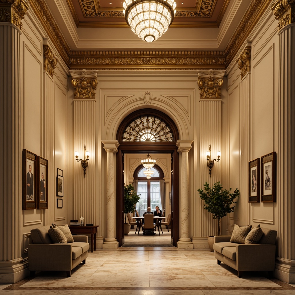 Prompt: Elegant office building, classicism style, grand entrance, ornate details, symmetrical fa\u00e7ade, creamy marble walls, rich wood paneling, crystal chandeliers, warm golden lighting, soft diffused illumination, subtle shading, dramatic uplighting, majestic columns, intricate moldings, luxurious fabrics, refined textures, natural stone flooring, sophisticated ambiance, 1/1 composition, shallow depth of field, realistic reflections, ambient occlusion.