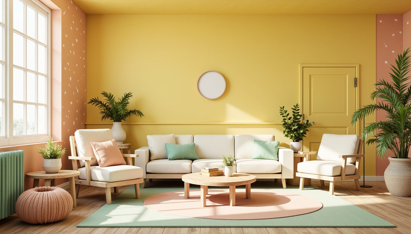 Prompt: Vibrant yellow walls, soft peach accents, calming mint greenery, creamy white furniture, natural wood textures, playful polka dots, whimsical florals, warm golden lighting, shallow depth of field, 1/1 composition, realistic renderings, ambient occlusion.