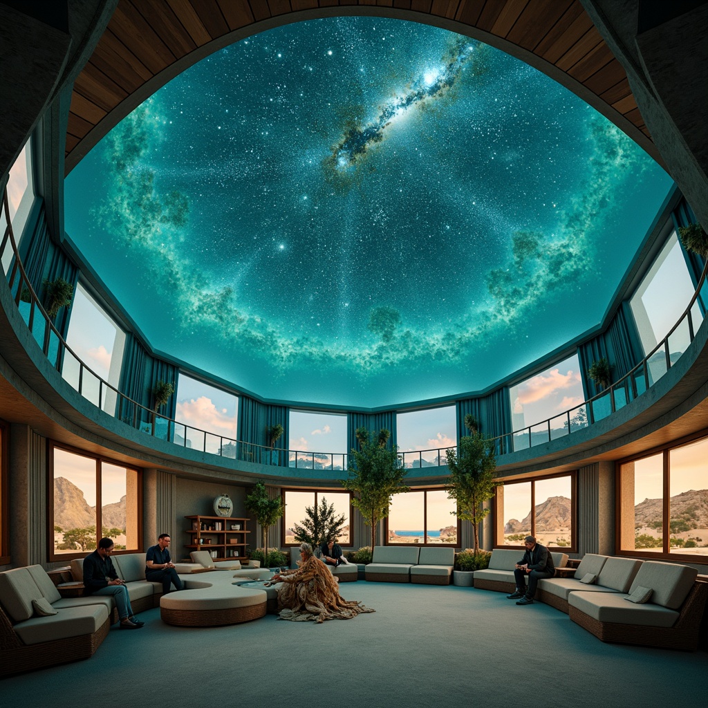 Prompt: Celestial-themed planetarium, coastal-inspired interior design, starry night sky projections, soft blue-green ambient lighting, LED constellation patterns, futuristic dome-shaped ceiling, ocean-blue glass walls, driftwood accents, coral-inspired textures, sandy beige floors, calming wave sounds, subtle sea breeze effects, 360-degree panoramic views, virtual reality experiences, interactive exhibits, educational displays, spherical screens, high-definition visuals, immersive audio systems, gradual twilight transitions, warm golden lighting, realistic celestial bodies.